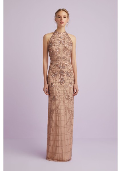 Rose Gold Halter Yaka Payetli Uzun Dar Kesim Abiye
