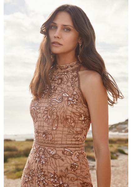 Rose Gold Halter Yaka Payetli Uzun Dar Kesim Abiye modelleri