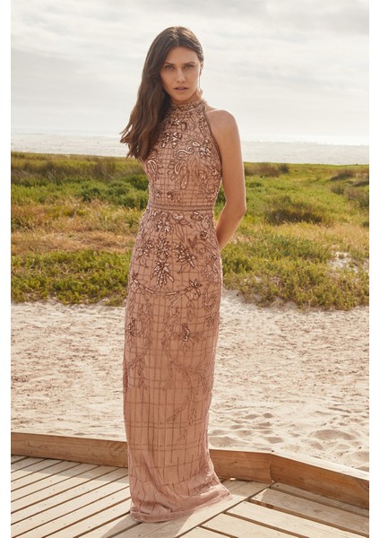 Rose Gold Halter Yaka Payetli Uzun Dar Kesim Abiye fırsatları