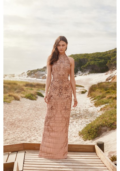 Rose Gold Halter Yaka Payetli Uzun Dar Kesim Abiye indirimleri