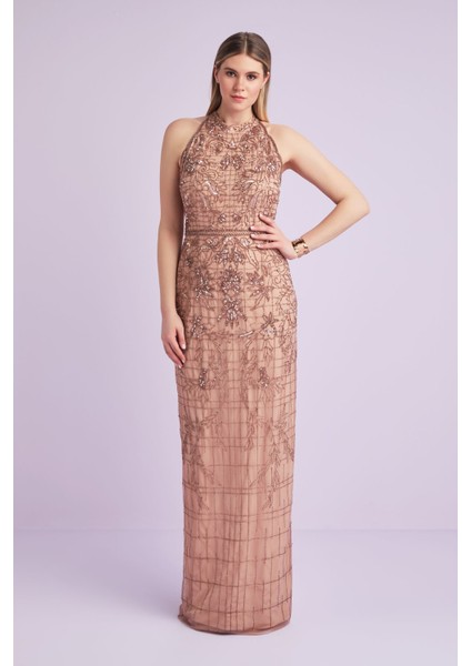 Rose Gold Halter Yaka Payetli Uzun Büyük Beden Abiye