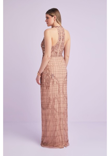 Rose Gold Halter Yaka Payetli Uzun Büyük Beden Abiye fiyatları