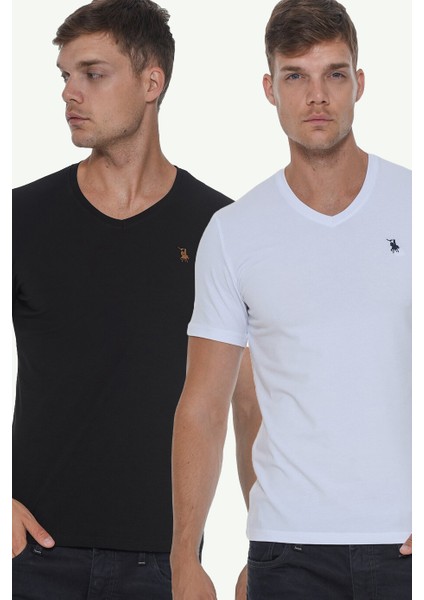 İkili Set T8568 V Yaka Erkek T-Shirt-Beyaz-Siyah