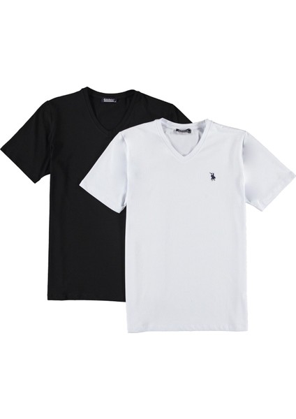 İkili Set T8568 V Yaka Erkek T-Shirt-Beyaz-Siyah fırsatları