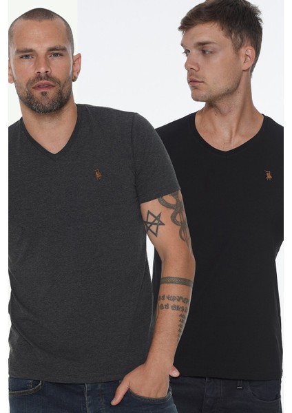 İkili Set T8568 V Yaka Erkek T-Shirt-Siyah-Antrasit