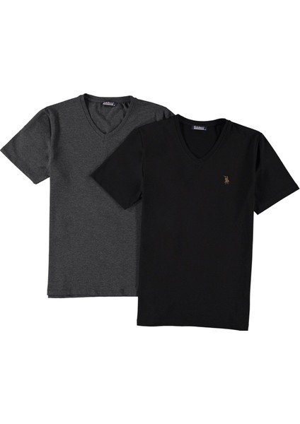 İkili Set T8568 V Yaka Erkek T-Shirt-Siyah-Antrasit fırsatları