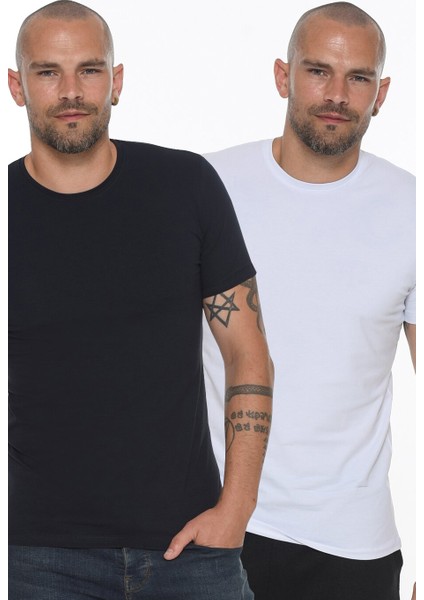 İkili Set T8569 Bisiklet Yaka Erkek T-Shirt-Beyaz - Lacivert