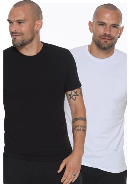İkili Set T8569 Bisiklet Yaka Erkek T-Shirt-Beyaz-Siyah