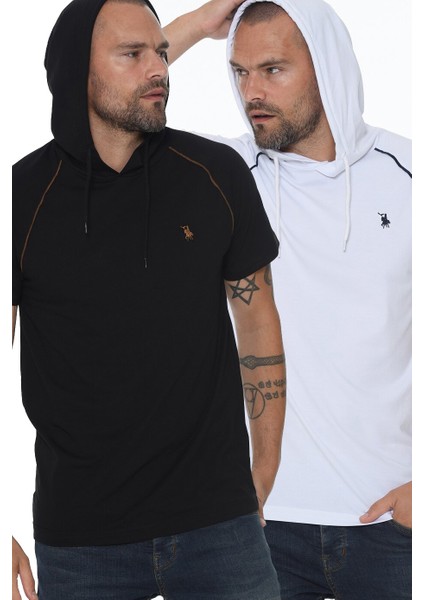 İkili Set T8570 Kapüşonlu Erkek T-Shirt-Beyaz-Siyah