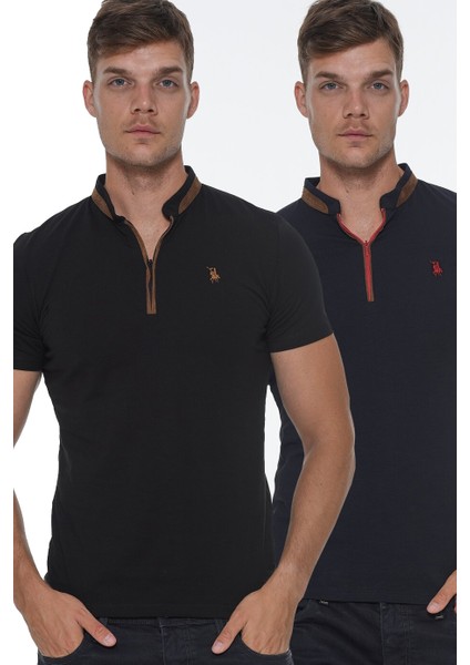 İkili Set T8571 Fermuarlı Erkek T-Shirt-Lacivert - Siyah