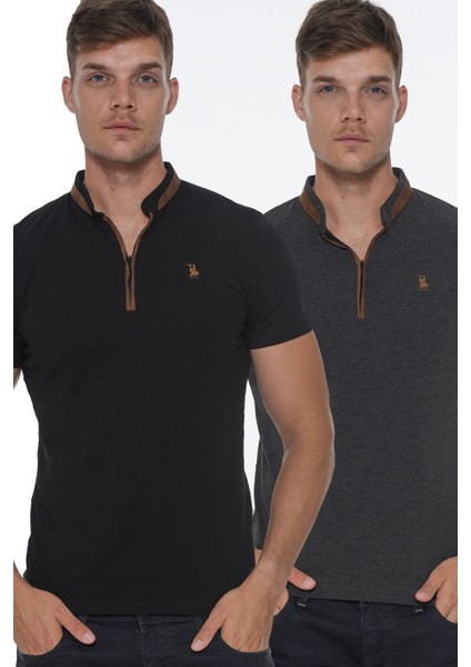 İkili Set T8571 Fermuarlı Erkek T-Shirt-Siyah-Antrasit