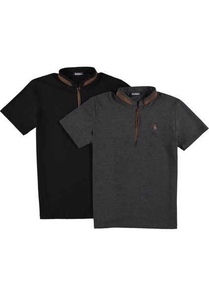 İkili Set T8571 Fermuarlı Erkek T-Shirt-Siyah-Antrasit fırsatları