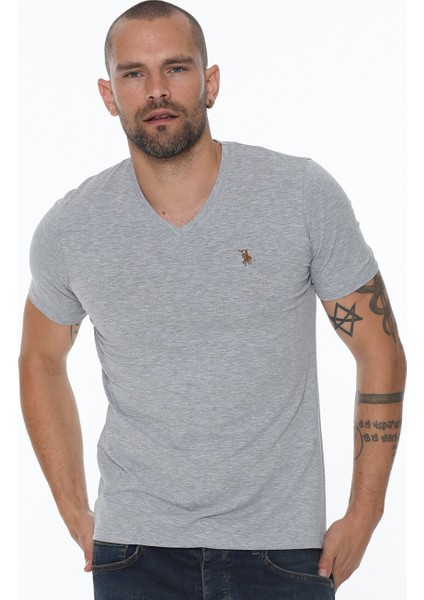 T8568 V Yaka Erkek T-Shirt-Gri