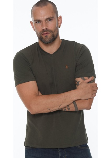 T8568 V Yaka Erkek T-Shirt-Haki