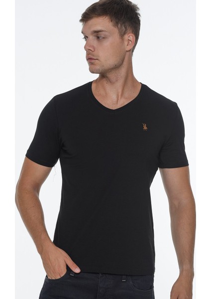T8568 V Yaka Erkek T-Shirt-Siyah