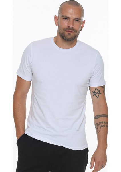 T8569 Bisiklet Yaka Erkek T-Shirt-Beyaz