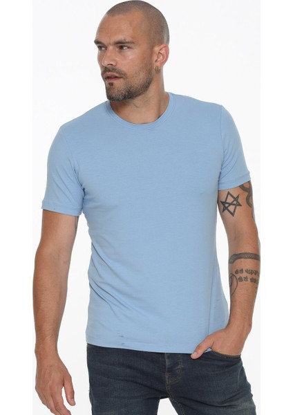 T8569 Bisiklet Yaka Erkek T-Shirt-Mavi