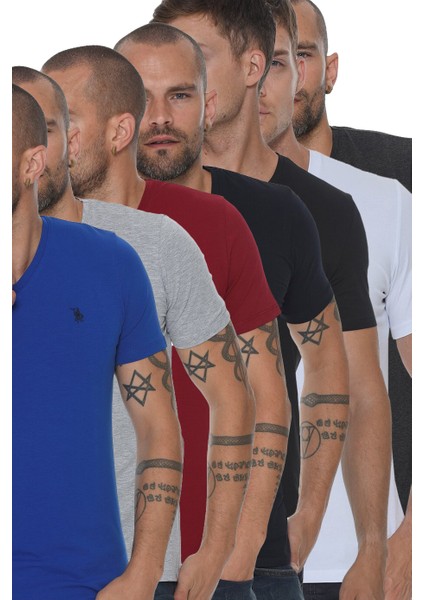Yedili Set T8568 V Yaka Erkek T-Shirt-Siyah-Lacivert-Beyaz-Gri-Saks-Antrasit-Bordo fiyatları