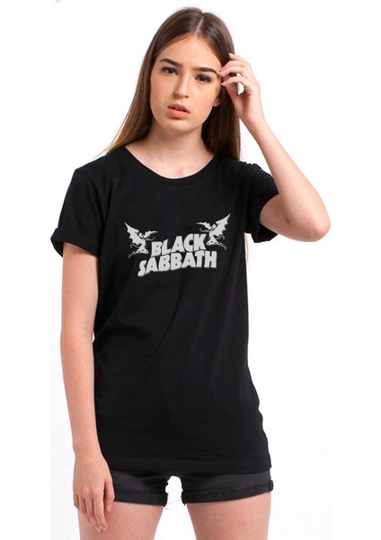 Black Sabbath Logo Baskılı Siyah Kadın Örme T-Shirt