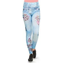 FSM 1453 Kız Çocuk Kot Baskılı Tayt Rahat %95 Pamuk %5 Elastan Renkli Desen ile Şık