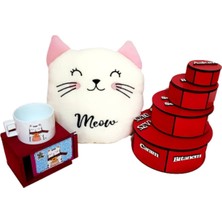 Hanbeyi Aşk Kulesi 4 Katlı Çikolata Peluş Kedi Yastık Kutulu Fincan Set