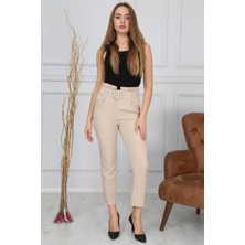 Bluence Beli Kemerli Bej Kumaş Pantolon 38