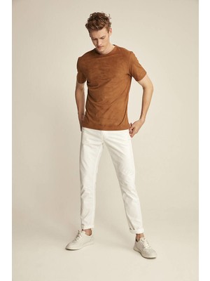 Grimelange Enzo Kahverengi Suet Erkek Basic Slim Fit T-Shirt