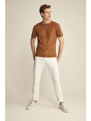 Grimelange Enzo Kahverengi Suet Erkek Basic Slim Fit T-Shirt