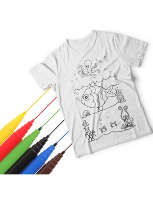 T-Moni Design Boyanabilir Balık Desenli Erkek Çocuk Tişörtü + Faber Castell 6'lı Keçeli Boya Kalemi