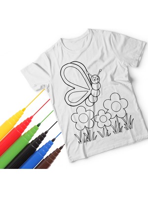 T-Moni Design Boyanabilir Kelebek Desenli Erkek Çocuk Tişörtü + Faber Castell 6'lı Keçeli Boya Kalemi