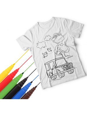 T-Moni Design Boyanabilir Araba Desenli Erkek Çocuk Tişörtü + Faber Castell 6'lı Keçeli Boya Kalemi