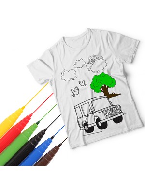 T-Moni Design Boyanabilir Araba Desenli Erkek Çocuk Tişörtü + Faber Castell 6'lı Keçeli Boya Kalemi