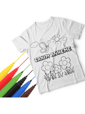 T-Moni Design Boyanabilir Canım Anneme Desenli Erkek Çocuk Tişörtü + Faber Castell 6'lı Keçeli Boya Kalemi