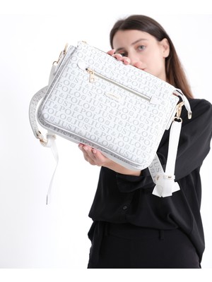 Just Polo Beyaz Desenli 5 Bölmeli Kadın Çapraz Omuz Çantası