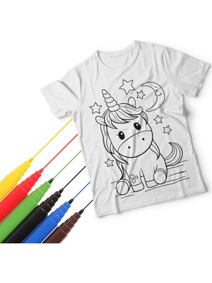 T-Moni Design Boyanabilir Unicorn Desenli Kız Çocuk Tişörtü+ Faber Castell 6'lı Keçeli Kalem Seti