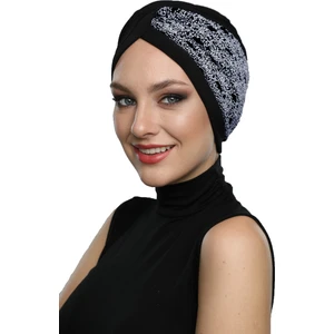 Fidan Bone Çapraz Buklet Siyah-Gri Hazır Türban Tesettür Bone