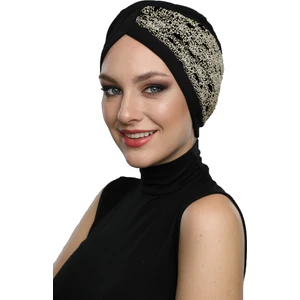 Fidan Bone Çapraz Buklet Siyah-Bej Hazır Türban Tesettür Bone