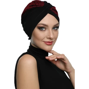 Fidan Bone Çapraz Buklet Siyah-Bordo Hazır Türban Tesettür Bone