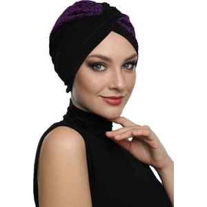 Fidan Bone Çapraz Buklet Siyah-Mor Hazır Türban Tesettür Bone