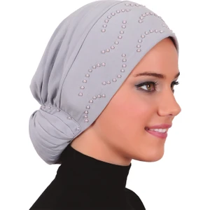 Fidan Bone Topuzlu Açık Gri Hazır Türban Tesettür Bone