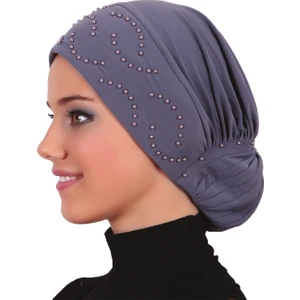 Fidan Bone Topuzlu Koyu Gri Hazır Türban Tesettür Bone