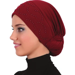 Fidan Bone Topuzlu Bordo Hazır Türban Tesettür Bone