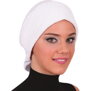 Fidan Bone Topuzlu Brokar Beyaz Hazır Türban Tesettür Bone