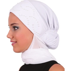Fidan Bone Topuzlu Atkılı Beyaz Hazır Türban Tesettür Bone