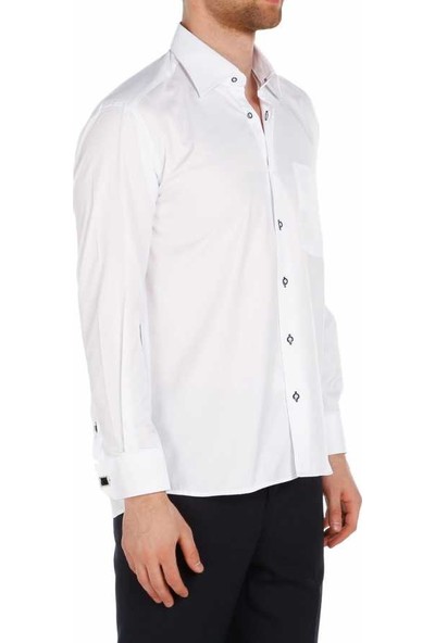 Dicotto Beyaz Büyük Beden Micro Kumaş Kol Düğmeli Klasik Erkek Gömlek - 190-1