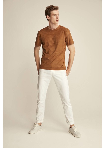 Enzo Kahverengi Suet Erkek Basic Slim Fit T-Shirt