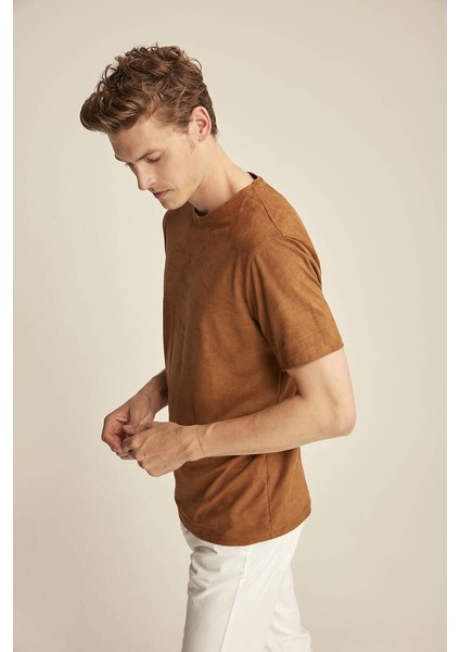 Enzo Kahverengi Suet Erkek Basic Slim Fit T-Shirt