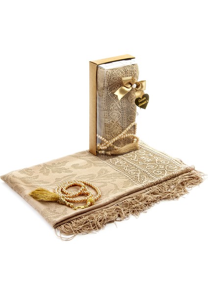 Mevlid Hediye Seti - Tesbihli - Şal Örtülü - Koyu Krem Renk