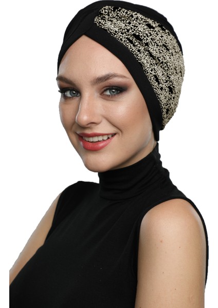 Çapraz Buklet Siyah-Bej Hazır Türban Tesettür Bone