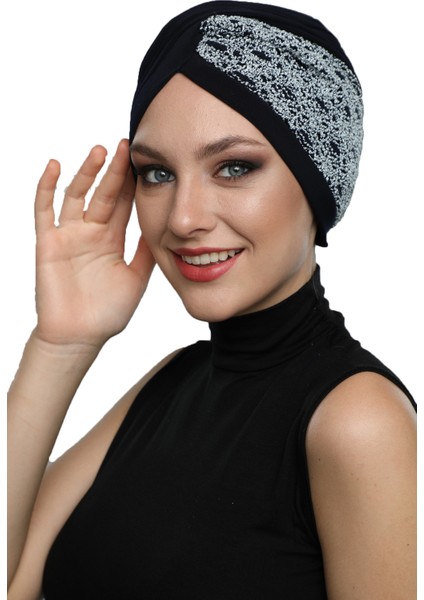 Çapraz Buklet Lacivert-Gri Hazır Türban Tesettür Bone